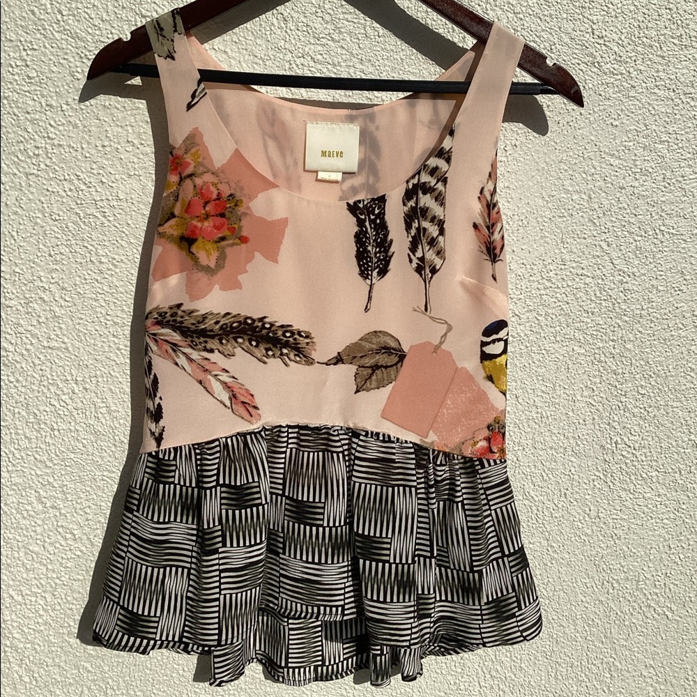 Anthropologie Maeve Silk Finley Bird Feather Tank